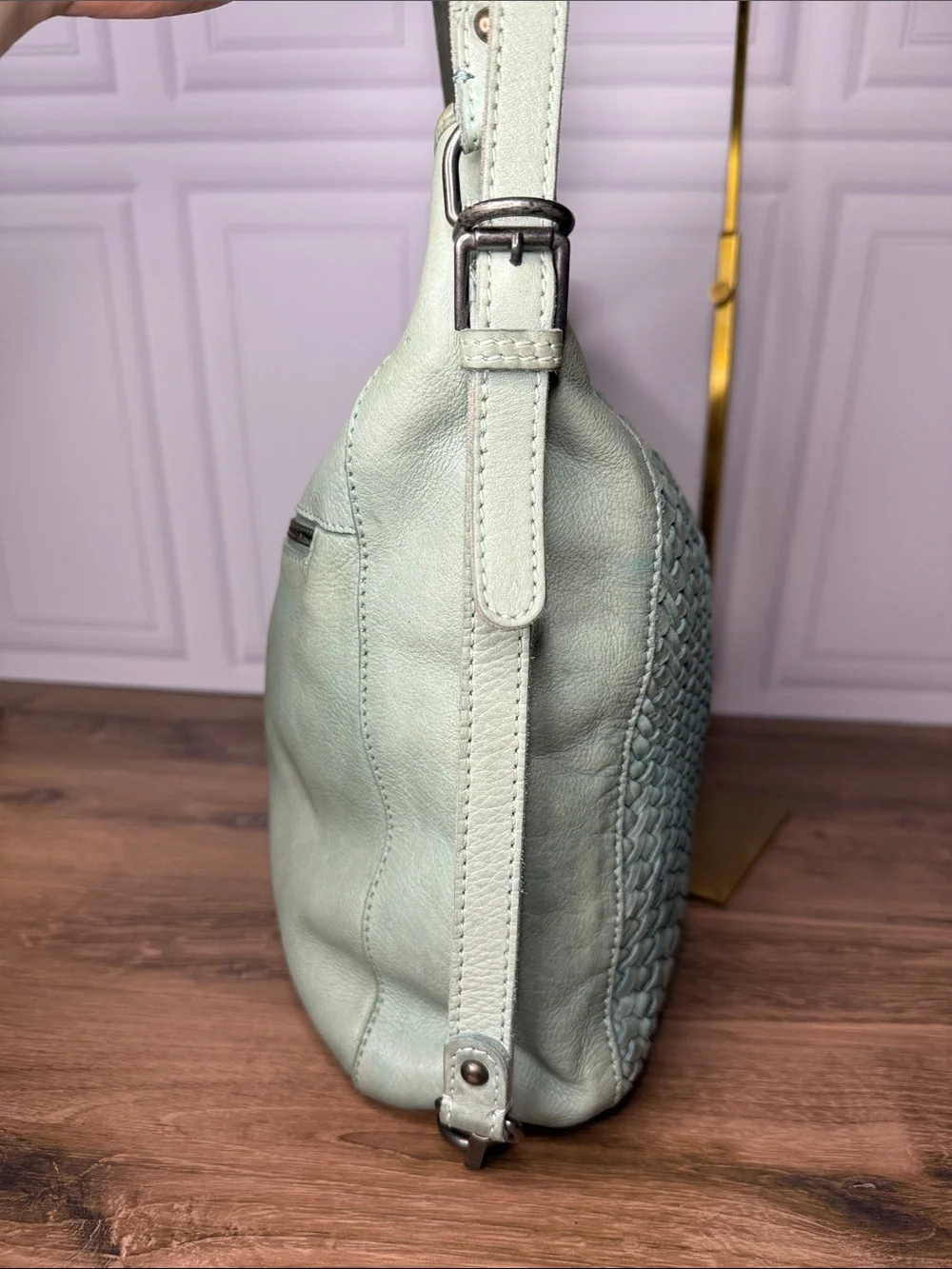 Genuine Leather Woven Hobo Shoulder Bag Seafoam Sage Green Boho L Soft Leather